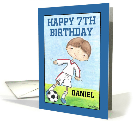 Boy's 7th Birthday Customizable Name for Daniel Soccer Player card