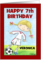 Girl’s 7th Birthday Customizable Name for Veronica Soccer Player card