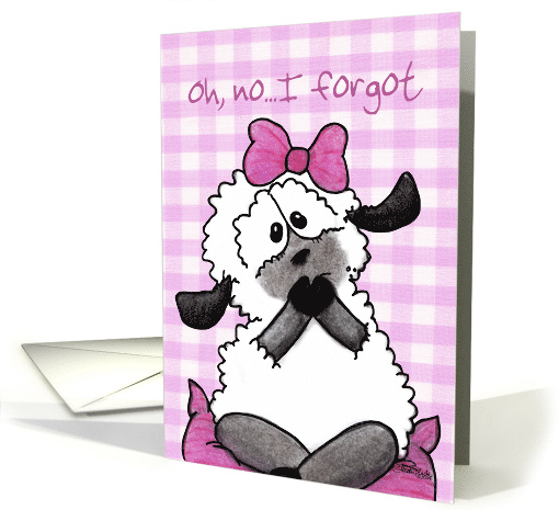 Belated Happy Birthday I forgot Girl Lamb on Pink Gingham card