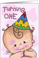 First Birthday for Girl Baby in Party Hat with Pink Icing on Her Face card