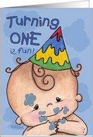 First Birthday Invitation for Boy Baby with Blue Icing on His Face card
