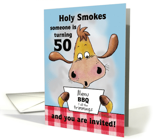 50th Birthday Invitation BBQ Cookout Holy Smokes Funny Cow card