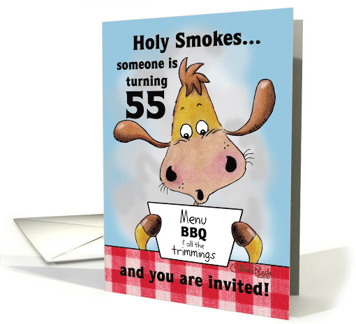 55th Birthday Invitation BBQ Cookout Holy Smokes Funny Cow card