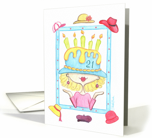 Lady in Birthday Hat-21st Birthday card (58348)