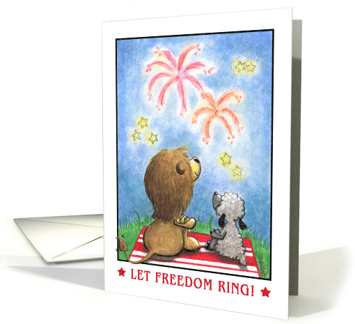 Lion and Lamb at Fireworks Happy 4th of July Let Freedom Ring card