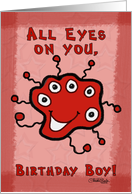 Red Alien with Five Eyes Happy Birthday for the Birthday Boy card