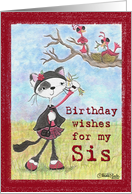 Birthday Wishes for Sister Cat and Birds card