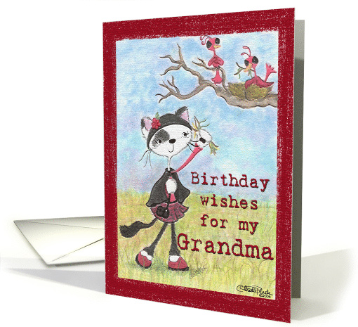 Cat and Birds Birthday Wishes for Grandma card (661441)