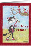 Cat and Birds Birthday Wishes card