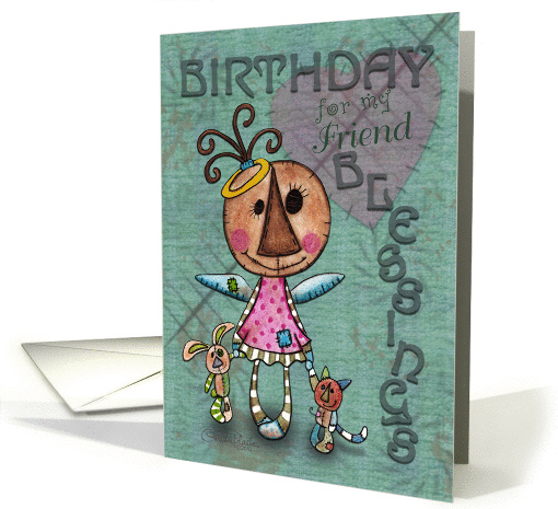 Primitive Angel and Animals- Birthday Blessings for Friend card