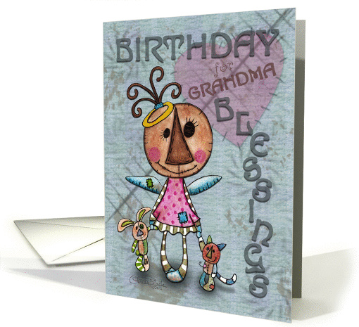 Primitive Angel and Animals- Birthday Blessings for Grandma card