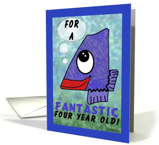 Happy Birthday Fantastic 4 year old- Number Four Shaped Fish card