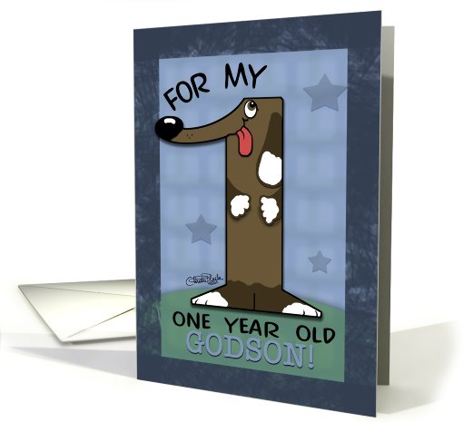 Happy Birthday 1 year old Godson- Number One Shaped Dog card (751619)