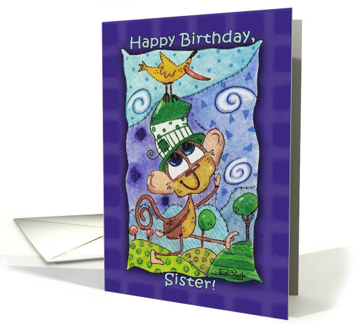 Happy Birthday for Sister Funky Monkey and Banana Bird card (754651)