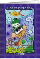 Happy Birthday for Sister Funky Monkey and Banana Bird card
