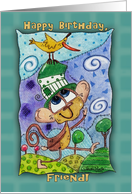 Happy Birthday for Friend Funky Monkey and Banana Bird card