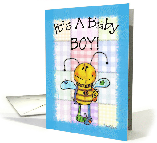 It's a Boy Baby Announcement Primitive Bee card (761566)
