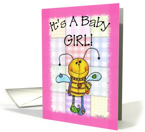 It's a Girl Baby Announcement Primitive Bee card (761569)