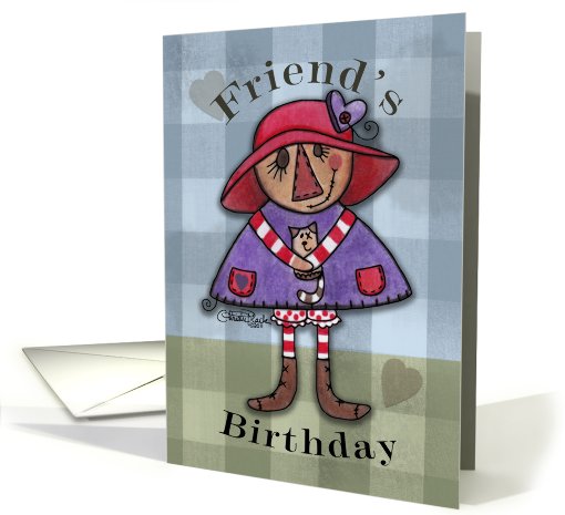 Friend's Birthday- Primitive Raggedy Doll with Cat card (775704)