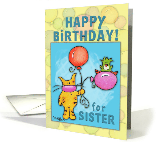 Happy Birthday for Sister Cat and Bird with Balloons card (797710)