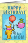 Happy Birthday for Mom-Cat and Bird with Balloons card