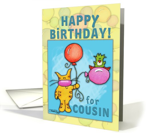 Happy Birthday for Cousin-Cat and Bird with Balloons card (797714)