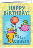 Happy Birthday for Cousin-Cat and Bird with Balloons card