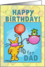 Happy Birthday for Dad-Cat and Bird with Balloons card