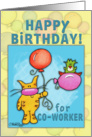 Happy Birthday for Co-Worker-Cat and Bird with Balloons card