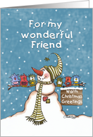 Warm Christmas Greetings for Friend Snowman and Bird Friends card