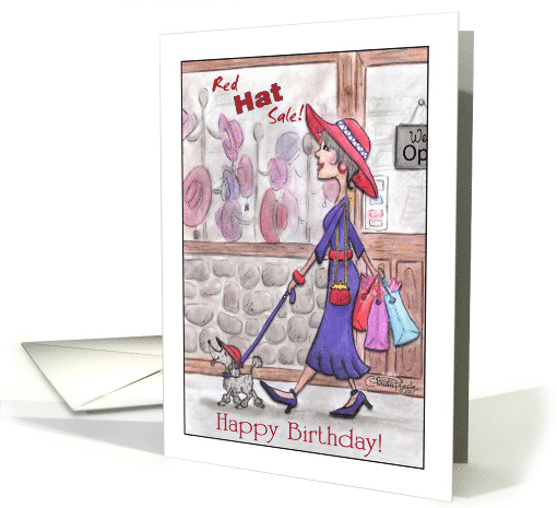 Happy Birthday Lady in Red Hat Shopping with Poodle Dog card (80972)