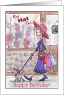 Happy Birthday Lady in Red Hat Shopping with Poodle Dog card