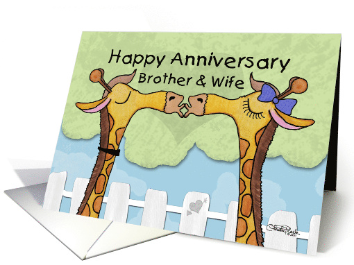 Happy Anniversary to Brother and Wife Kissing Giraffes card (827851)