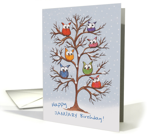 Month of January Birthday Owls in Snowy Tree card (840532)