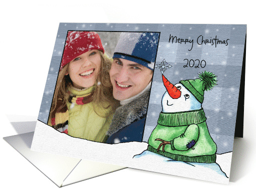 Merry Christmas Photo Card Snowman with Snowflake on Plaid card