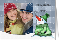 Merry Christmas Photo Card Snowman with Snowflake on Plaid card