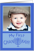 Baby’s First Hanukkah Chanukah Customizable Photo Menorah in Blue card