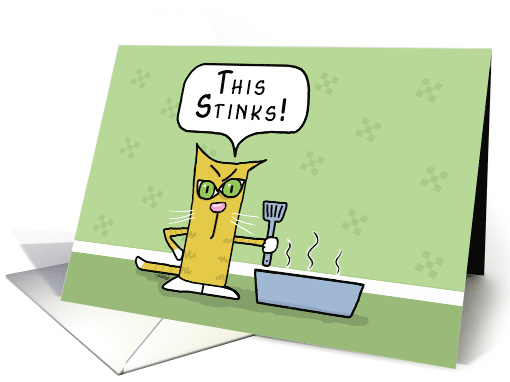 Humorous Belated Happy Birthday Angry Cat Stinky Situation card