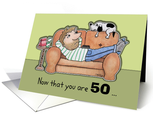 Happy 50th Birthday -Boring Couch Dude and Dog card (871503)