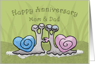 Happy Anniversary for Mom and Dad -Kissing Snails with Heart Shaped Shells card