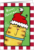 Merry Christmas Cat in Santa Hat says Meowy Christmas card