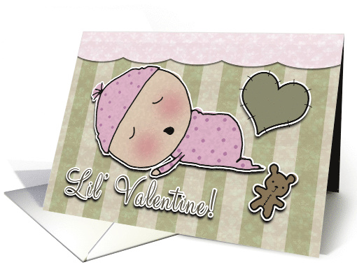 Girl's Valentine Birth Announcement Sleeping Baby Heart and Bear card