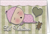 Girl’s Valentine Birth Announcement Sleeping Baby Heart and Bear card