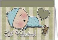 Boy’s Valentine Birth Announcement Sleeping Baby Heart and Bear card