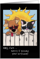 Belated Birthday for Cousin Dog and Cat in Sunglasses card