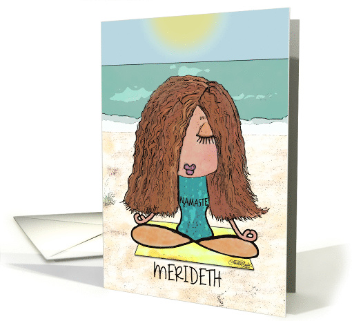 Customizable Name Merideth, Yoga Woman on Beach, Om Position Note card