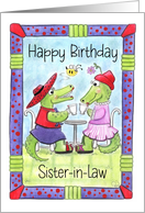 Sister in Law Birthday Wish Alligators Wearing Red Hats with Coffee card