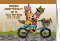 Happy Anniversary to Couple Horses Ride on a Bicycle card