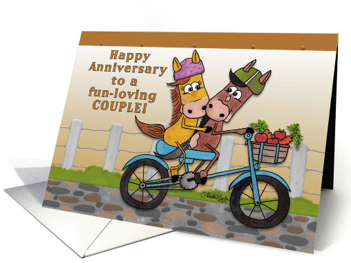 Happy Anniversary to Couple-Horses Ride on a Bicycle card (916061)