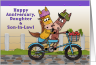 Happy Anniversary to Daughter and Son in Law, Horses Ride on a Bicycle card